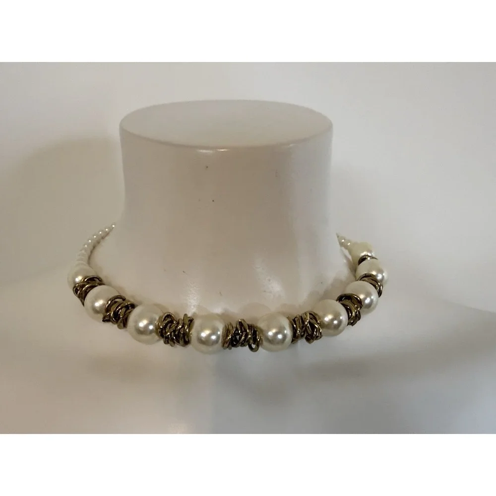 Faux Pearl Choker‎ Necklace Bridal Head Piece Antique Gold Tone Vintage One Size